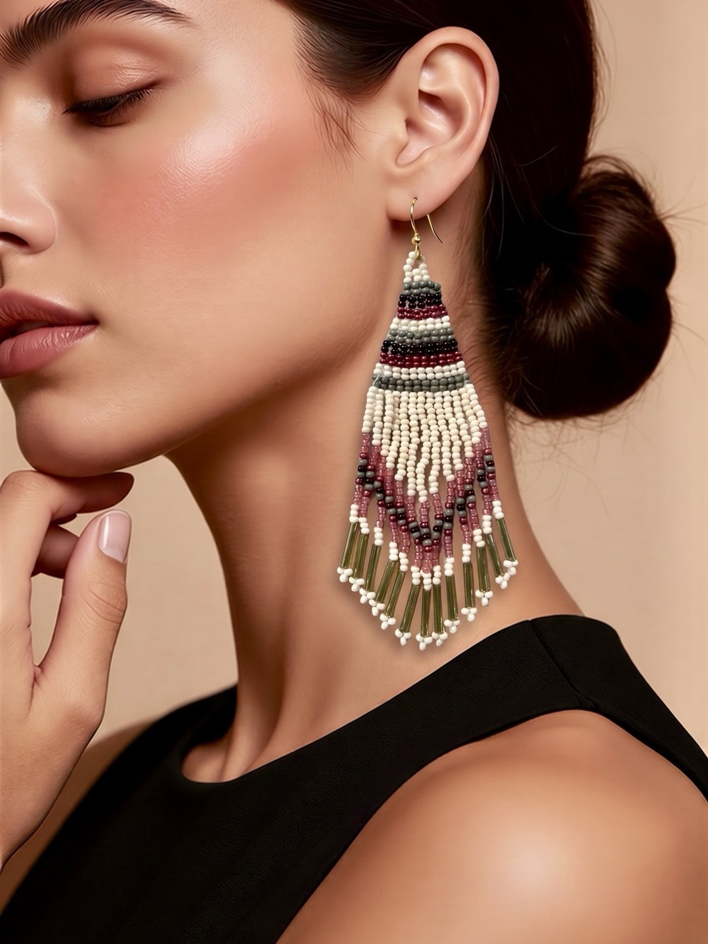 NWT Neutral Tone Woven Seed Bead Fringe Earrings